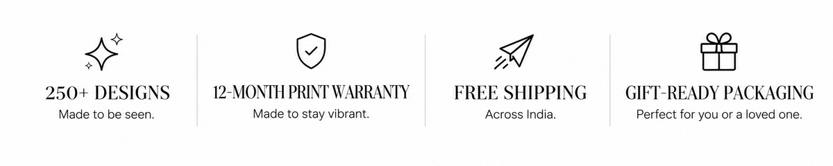 A promotional banner with four black line icons and text on a white background: a starburst icon reading '250+ DESIGNS', a shield icon reading '12 MONTH PRINT WARRANTY', a paper airplane icon reading 'FREE SHIPPING', and a gift box icon reading 'GIFT-READY PACKAGING'.